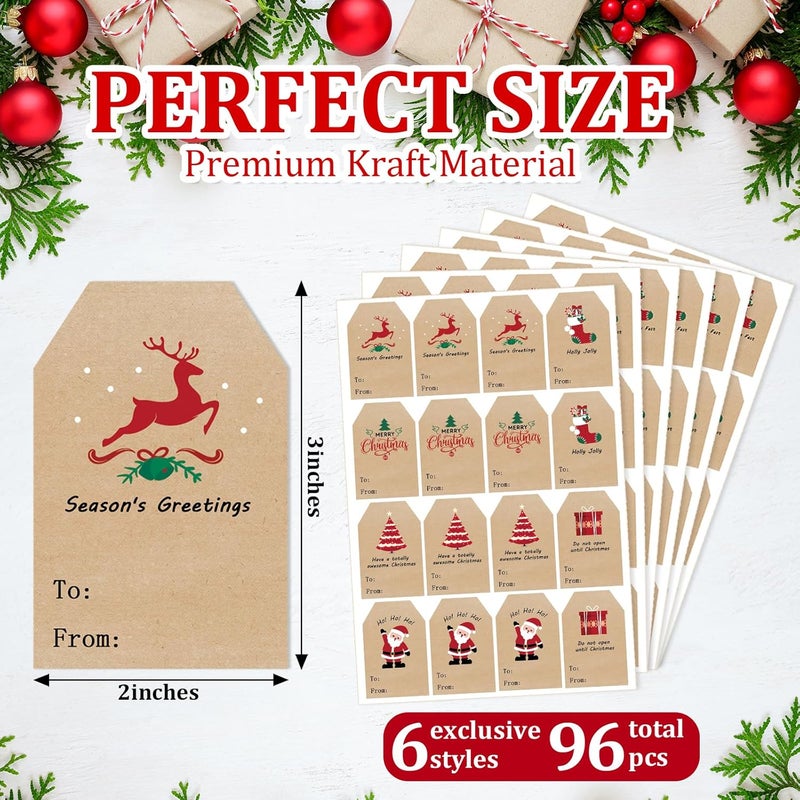COCHIE Christmas Gift Tags Stickers, 96Pcs Christmas Gift Labels, Xmas Name Tags for Wrap Presents Boxes Decoration, 2 x 3 Inch, Self-Adhesive Natural Kraft Paper Stickers - Image 2
